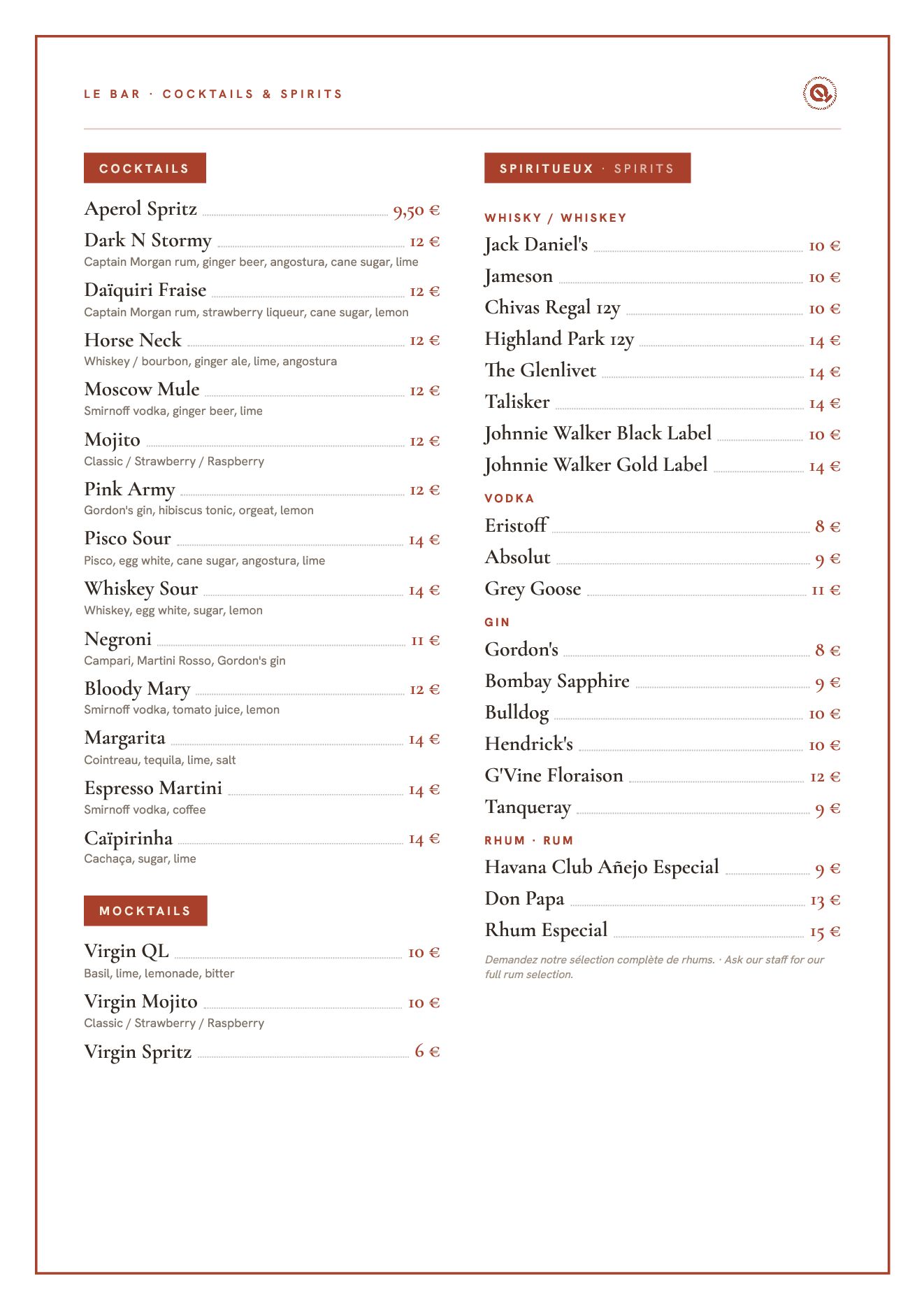 Menu du Quartier Leopold, page 6